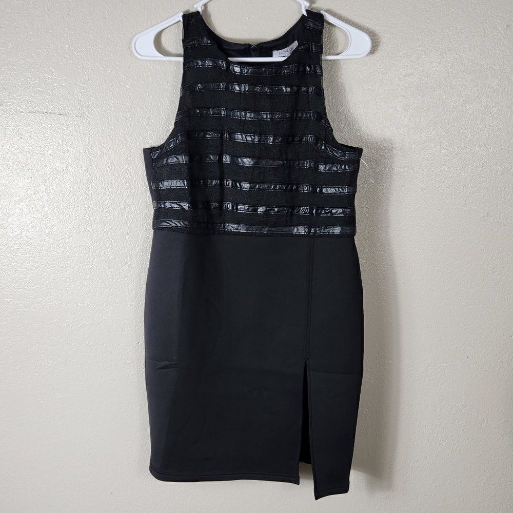 NWT Lucy & Co Black Bodycon Faux Leather Stripe Bodice Dress Size Medium